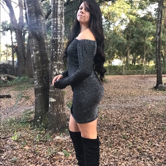 LAST1 Sparkle Black Glitter Off The Shoulder Dress - Picture 2 of 6